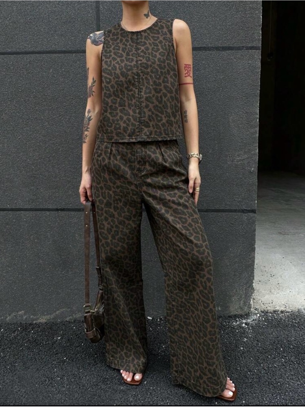 Leopard-Print Wide Leg Pants — Brown
